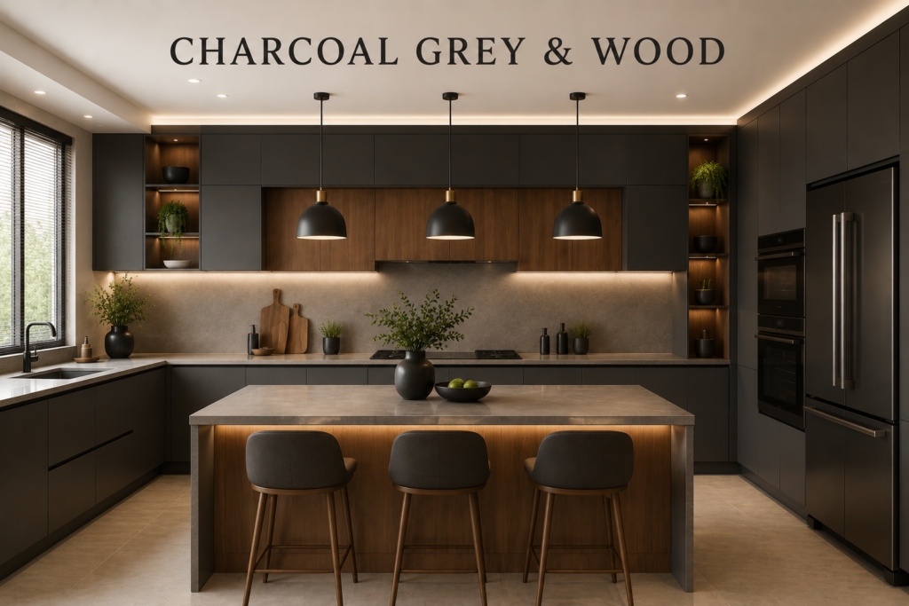 charcoal grey & wood